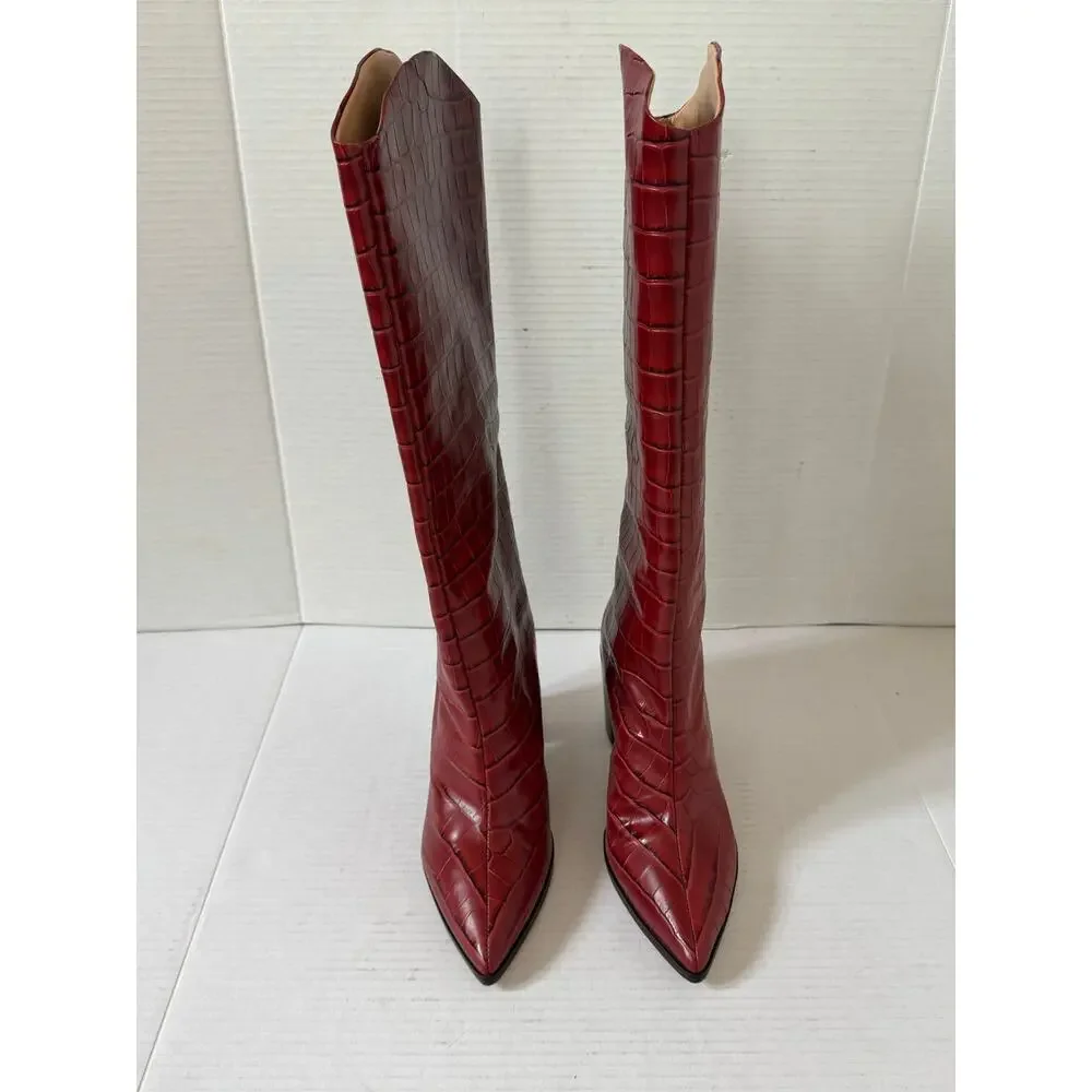 NWOT Women's Schutz Maryana Block Leather Wide Red-Brown Croc Embossed Boot 8.5